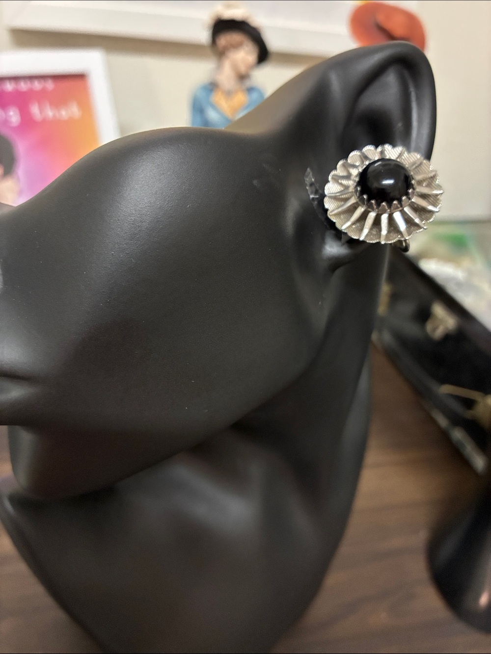 Silver Sunburst Black Stone Stud Doorknocker Clip-on Earrings Celestial